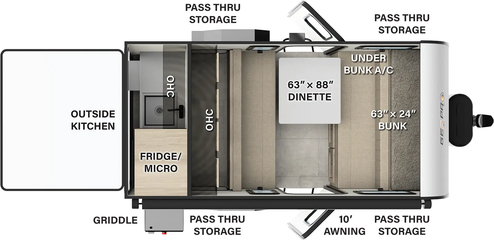 The Rockwood Geo Pro G14DA has two entries and zero slide outs. Exterior features include: fiberglass exterior, 10' awning and outside kitchen. 